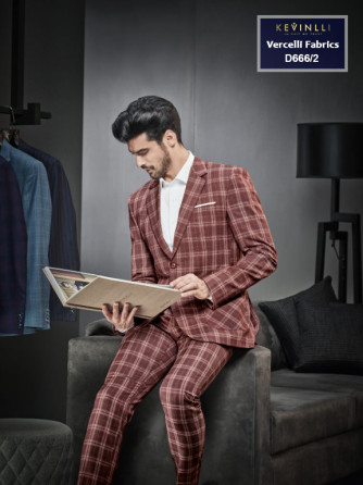 Suit Nam Đẹp Italy 95% Wool - D666/2 - Đỏ Caro - Cổ Ve Xuôi - 2 Nút